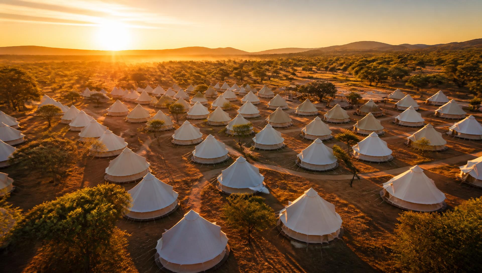 Vila de barracas da The Camp ao pôr do sol